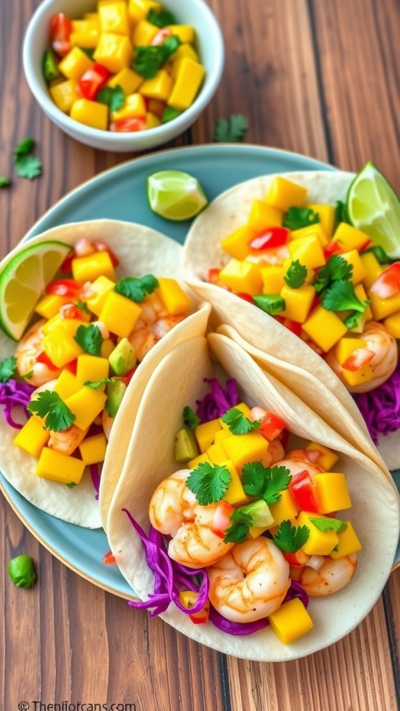 Shrimp tacos with mango salsa, cilantro, and avocado on a wooden table with lime wedges.